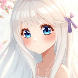 A beautiful and cute anime girl with long, flowing white hair that shines with a gentle luster