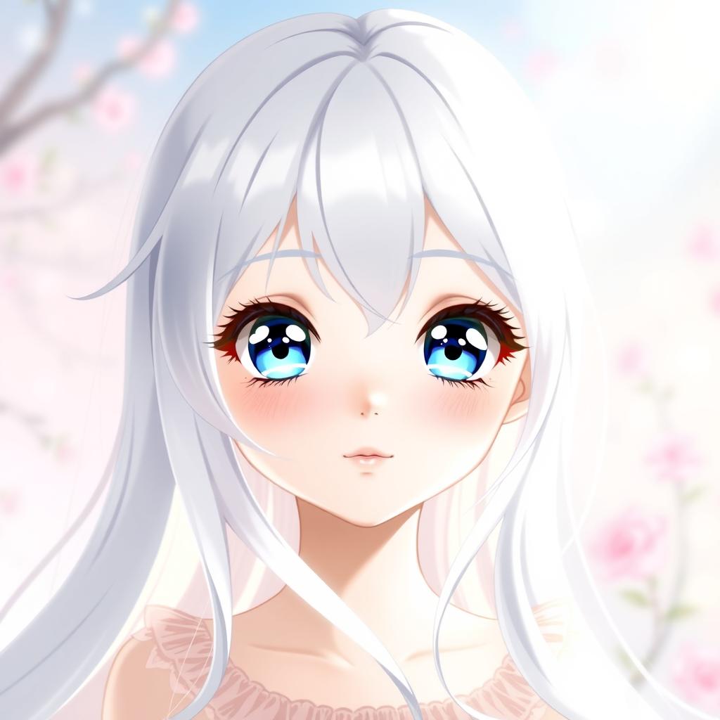 A beautiful and cute anime girl with long, flowing white hair that shines with a gentle luster