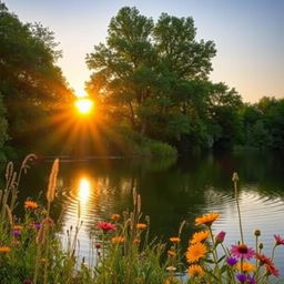 A serene landscape featuring a beautiful, tranquil lake surrounded by lush green trees and vibrant wildflowers