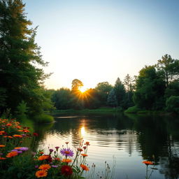 A serene landscape featuring a beautiful, tranquil lake surrounded by lush green trees and vibrant wildflowers