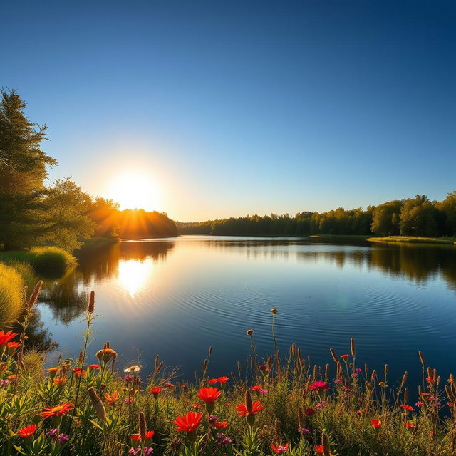 A serene landscape featuring a beautiful, tranquil lake surrounded by lush green trees and vibrant wildflowers