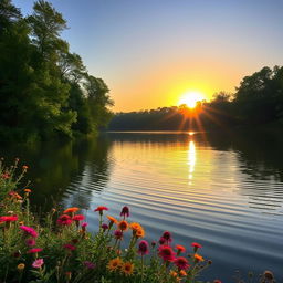 A serene landscape featuring a beautiful, tranquil lake surrounded by lush green trees and vibrant wildflowers