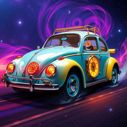 A vintage Volkswagen Beetle designed as a whimsical time machine, with retro-futuristic elements