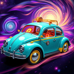 A vintage Volkswagen Beetle designed as a whimsical time machine, with retro-futuristic elements