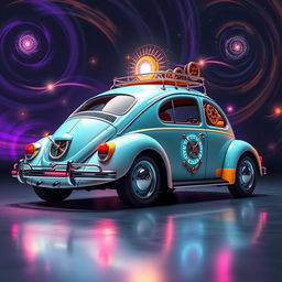 A vintage Volkswagen Beetle designed as a whimsical time machine, with retro-futuristic elements