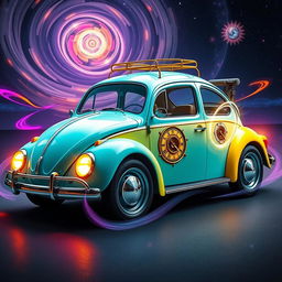 A vintage Volkswagen Beetle designed as a whimsical time machine, with retro-futuristic elements