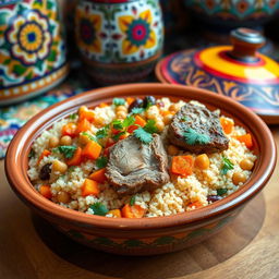 A traditional Moroccan couscous dish, beautifully presented in a colorful tagine