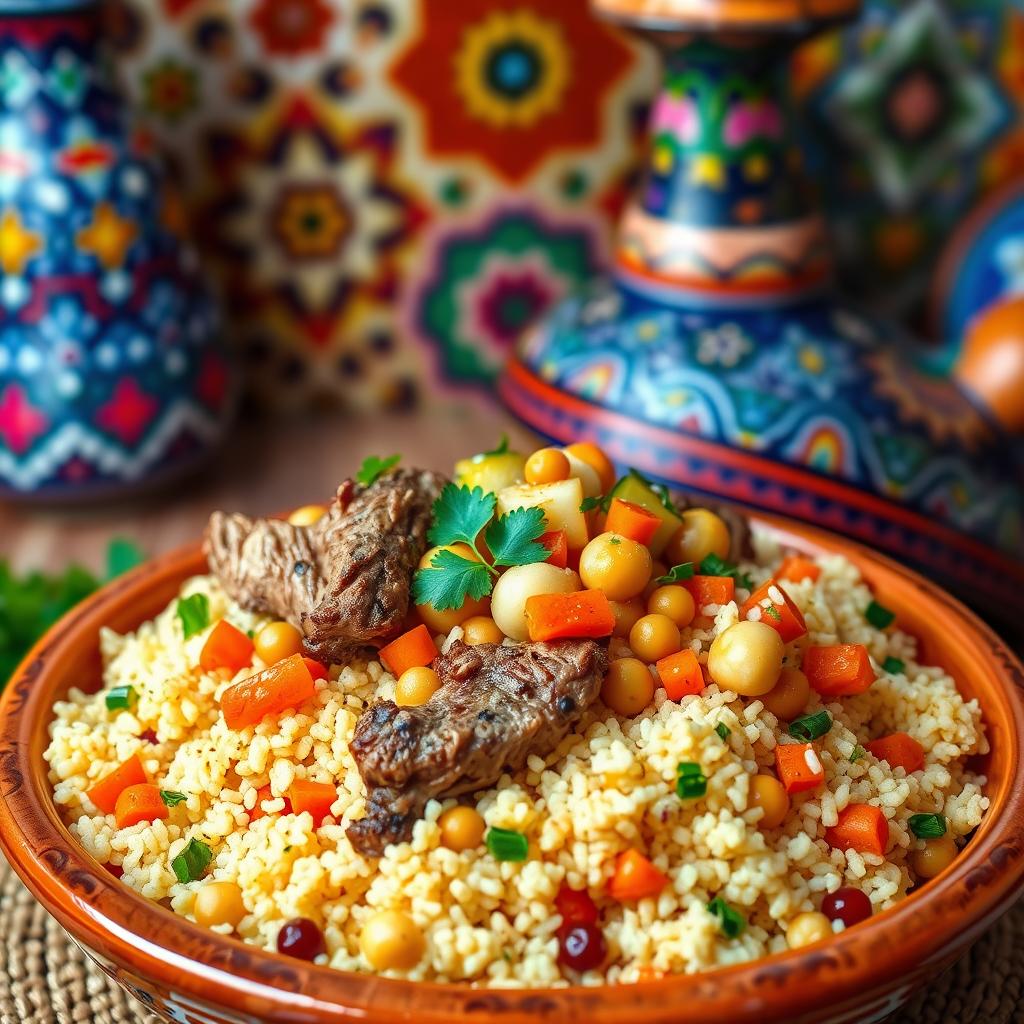 A traditional Moroccan couscous dish, beautifully presented in a colorful tagine