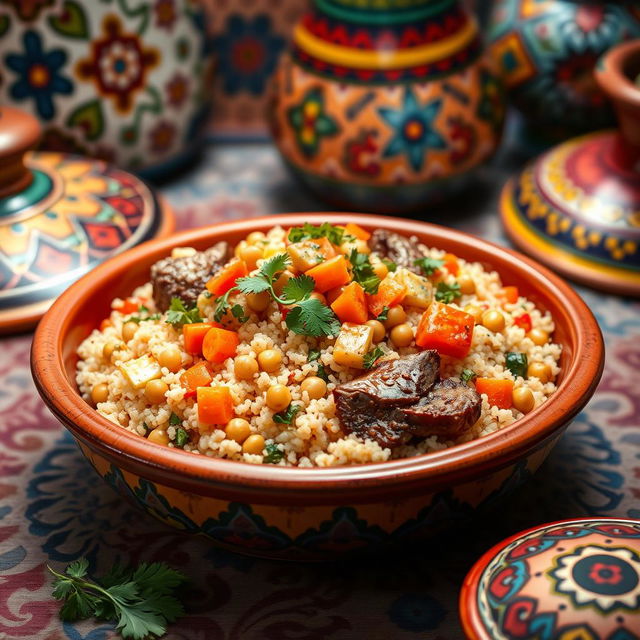 A traditional Moroccan couscous dish, beautifully presented in a colorful tagine