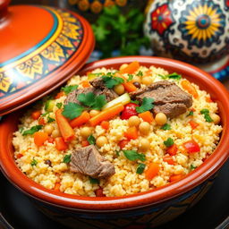 A traditional Moroccan couscous dish, beautifully presented in a colorful tagine