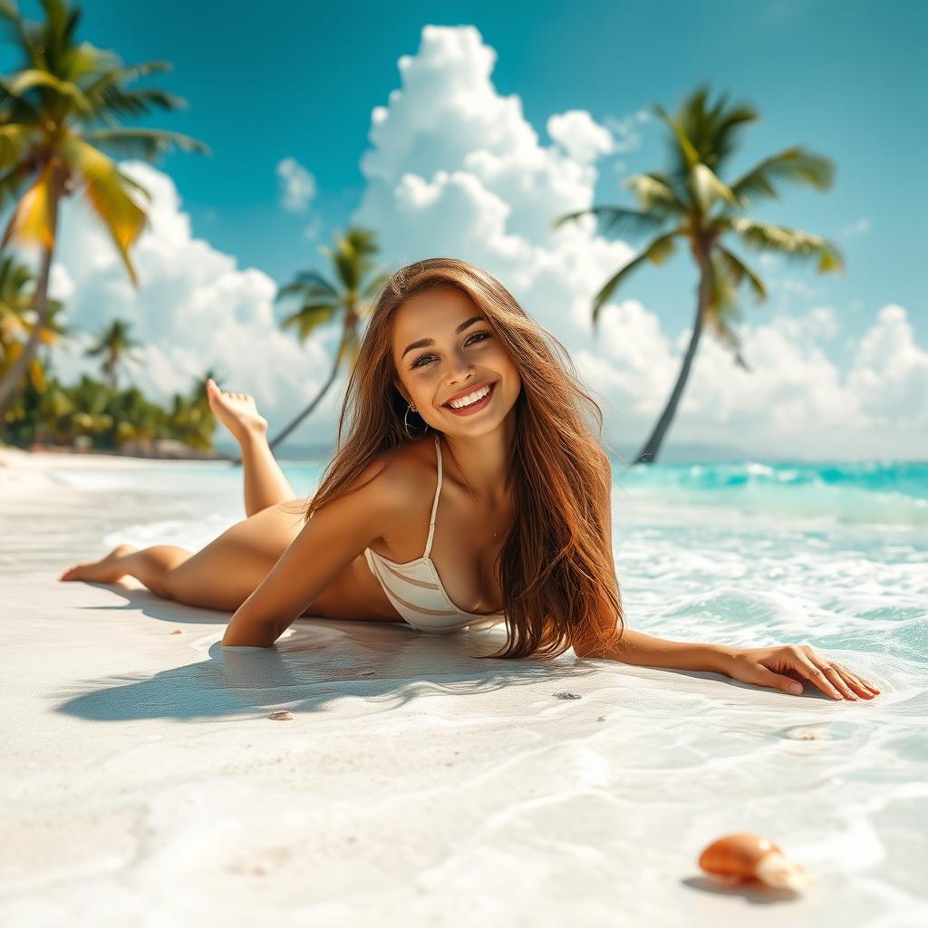 A beautiful woman with long flowing hair lying on a pristine sandy beach, enjoying the sun