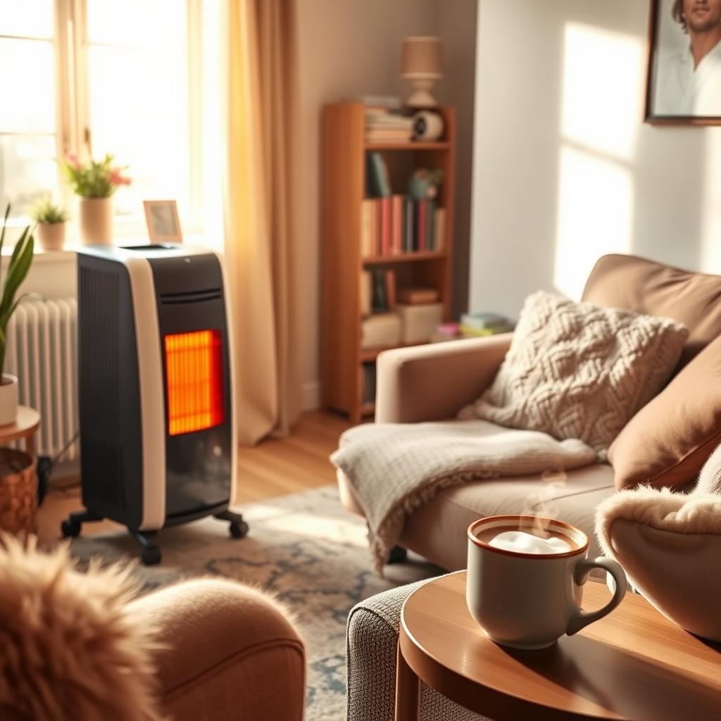 A cozy living room with a modern electric heater, giving off a warm glow