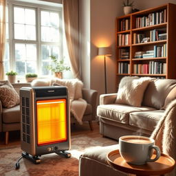 A cozy living room with a modern electric heater, giving off a warm glow