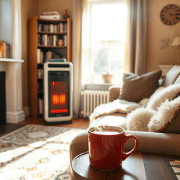 A cozy living room with a modern electric heater, giving off a warm glow