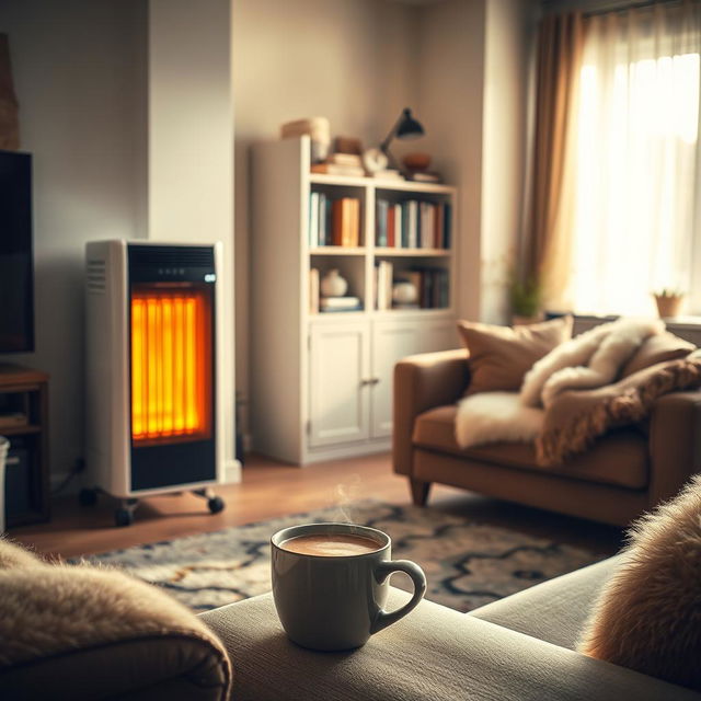 A cozy living room with a modern electric heater, giving off a warm glow