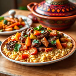 A beautifully arranged Moroccan couscous dish with tender, spiced meat (lamb or beef) served over fluffy, golden couscous