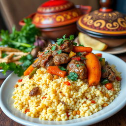 A beautifully arranged Moroccan couscous dish with tender, spiced meat (lamb or beef) served over fluffy, golden couscous