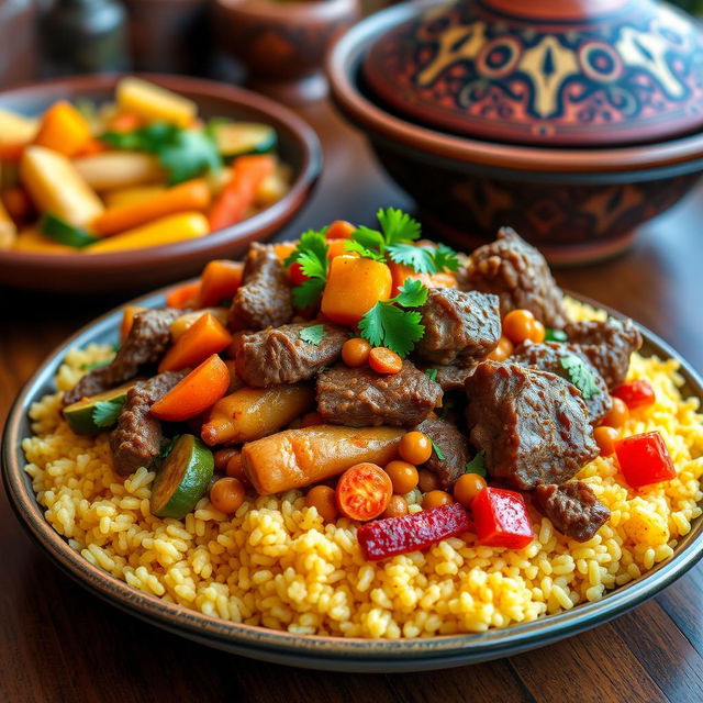 A beautifully arranged Moroccan couscous dish with tender, spiced meat (lamb or beef) served over fluffy, golden couscous