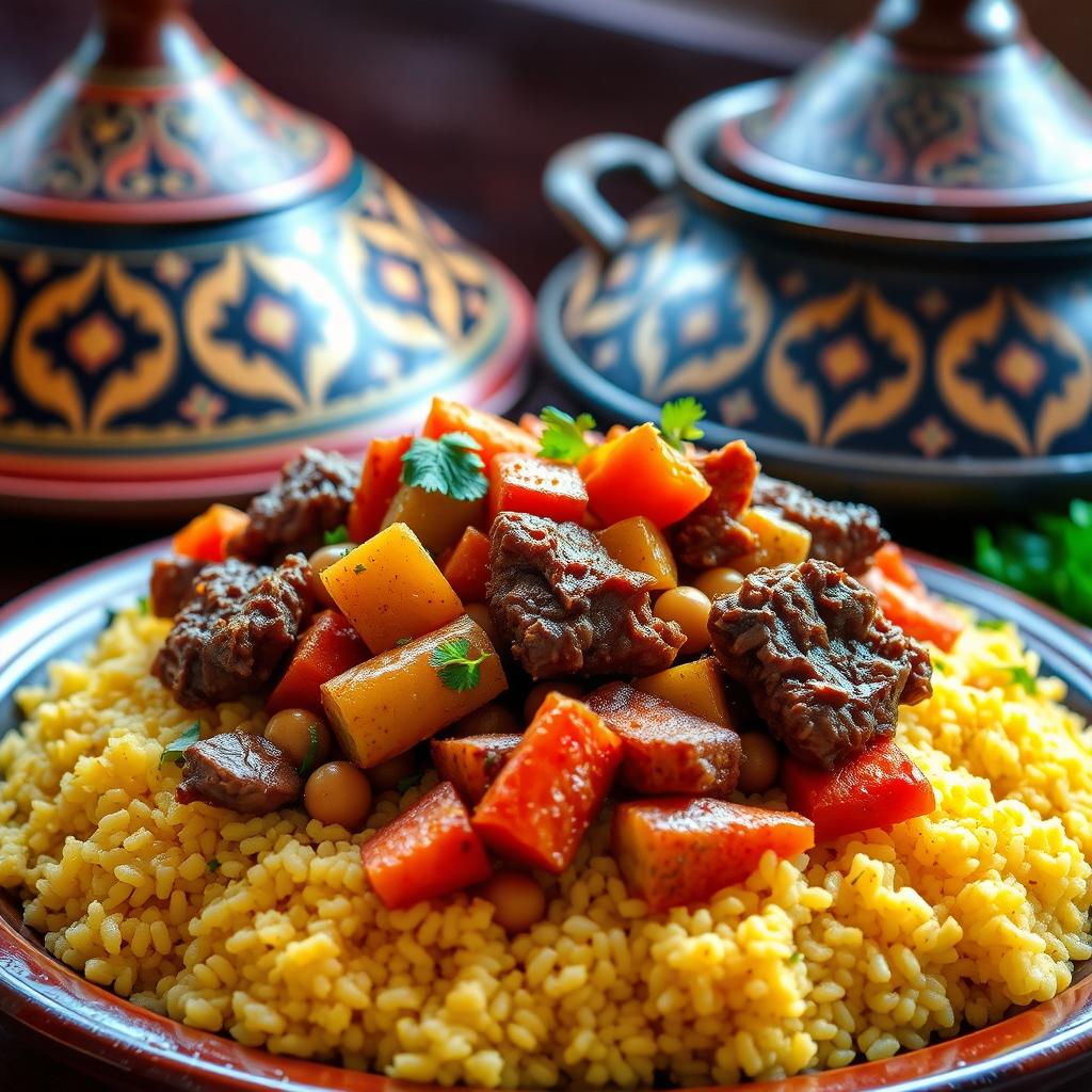 A beautifully arranged Moroccan couscous dish with tender, spiced meat (lamb or beef) served over fluffy, golden couscous