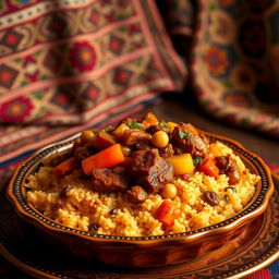 A beautifully arranged plate of Moroccan couscous topped with tender, spicy meat, garnished with vegetables such as carrots, zucchini, and chickpeas, presented in an ornate Moroccan dish, with vibrant colors, steam rising from the couscous, highlighting the rich spices like cumin and coriander