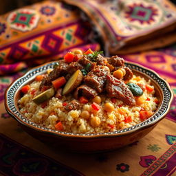 A beautifully arranged plate of Moroccan couscous topped with tender, spicy meat, garnished with vegetables such as carrots, zucchini, and chickpeas, presented in an ornate Moroccan dish, with vibrant colors, steam rising from the couscous, highlighting the rich spices like cumin and coriander