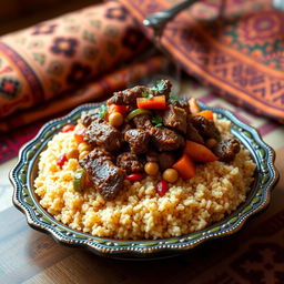 A beautifully arranged plate of Moroccan couscous topped with tender, spicy meat, garnished with vegetables such as carrots, zucchini, and chickpeas, presented in an ornate Moroccan dish, with vibrant colors, steam rising from the couscous, highlighting the rich spices like cumin and coriander