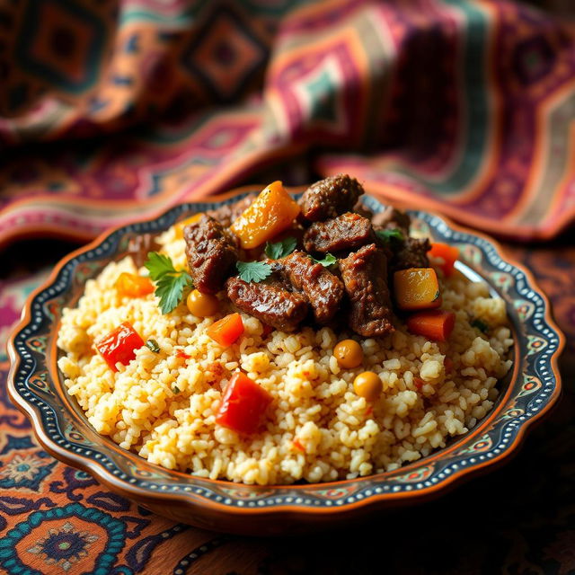 A beautifully arranged plate of Moroccan couscous topped with tender, spicy meat, garnished with vegetables such as carrots, zucchini, and chickpeas, presented in an ornate Moroccan dish, with vibrant colors, steam rising from the couscous, highlighting the rich spices like cumin and coriander