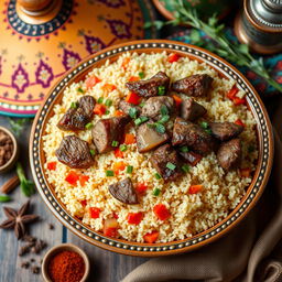 A vibrant and inviting image of traditional Moroccan couscous featuring succulent pieces of meat and a colorful variety of vegetables