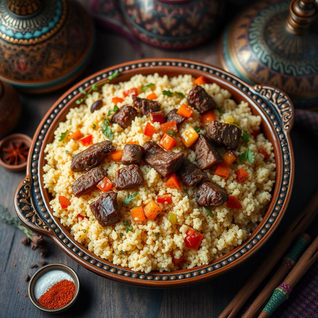 A vibrant and inviting image of traditional Moroccan couscous featuring succulent pieces of meat and a colorful variety of vegetables