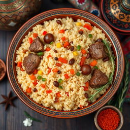 A vibrant and inviting image of traditional Moroccan couscous featuring succulent pieces of meat and a colorful variety of vegetables