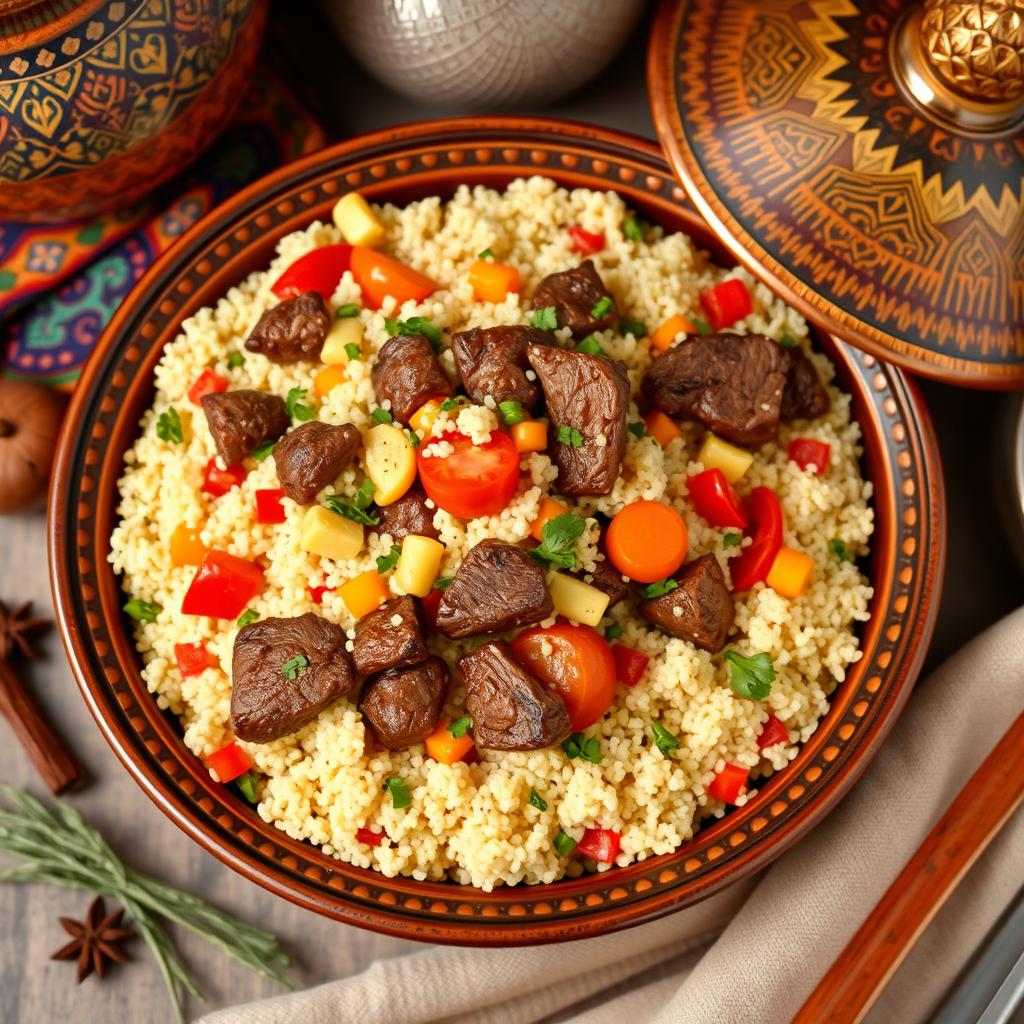 A vibrant and inviting image of traditional Moroccan couscous featuring succulent pieces of meat and a colorful variety of vegetables