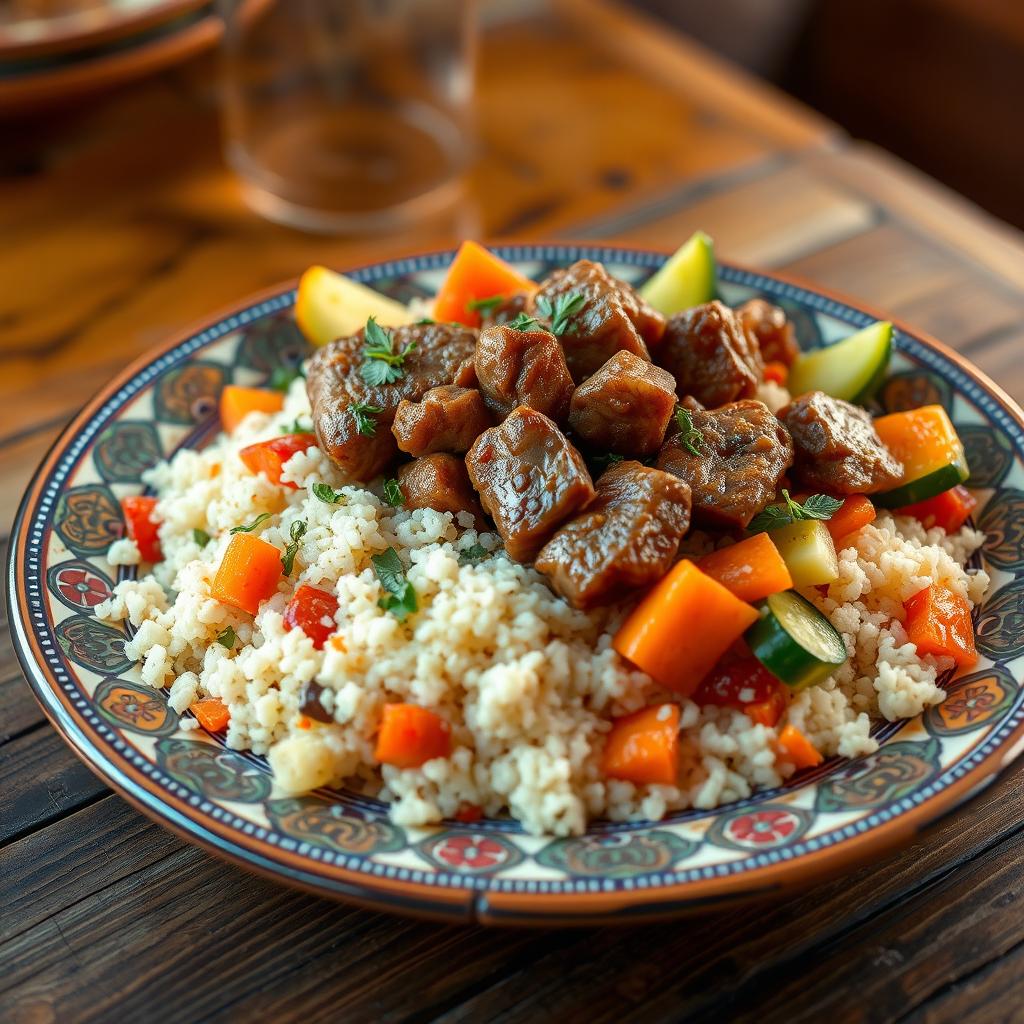 A vibrant Moroccan couscous dish featuring tender chunks of meat and an assortment of colorful vegetables