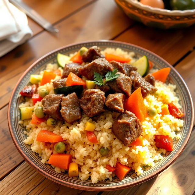 A vibrant Moroccan couscous dish featuring tender chunks of meat and an assortment of colorful vegetables