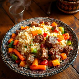 A vibrant Moroccan couscous dish featuring tender chunks of meat and an assortment of colorful vegetables
