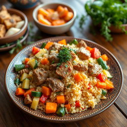 A vibrant Moroccan couscous dish featuring tender chunks of meat and an assortment of colorful vegetables