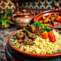 A beautifully arranged dish of Moroccan couscous with tender meat and fresh vegetables