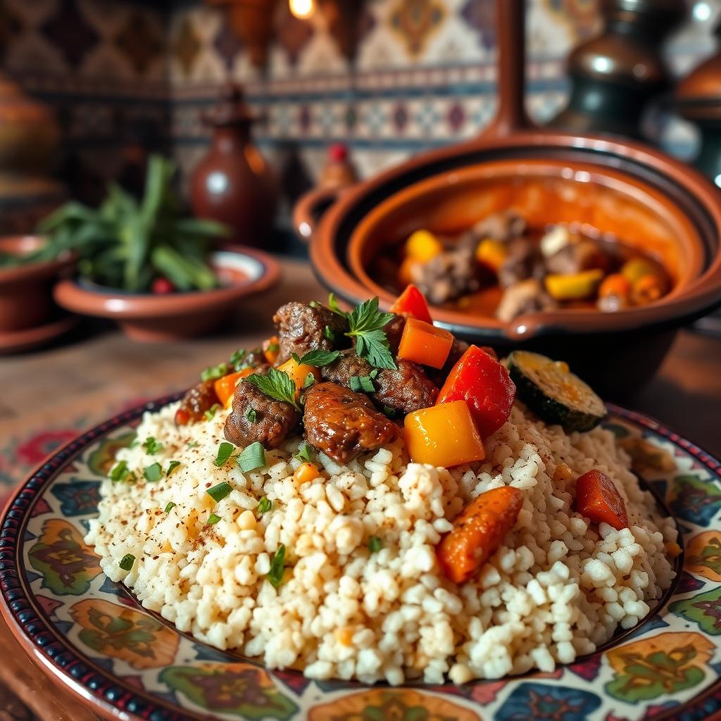 A beautifully arranged dish of Moroccan couscous with tender meat and fresh vegetables