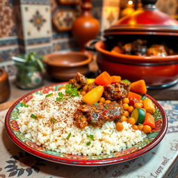 A beautifully arranged dish of Moroccan couscous with tender meat and fresh vegetables