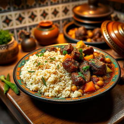 A beautifully arranged dish of Moroccan couscous with tender meat and fresh vegetables