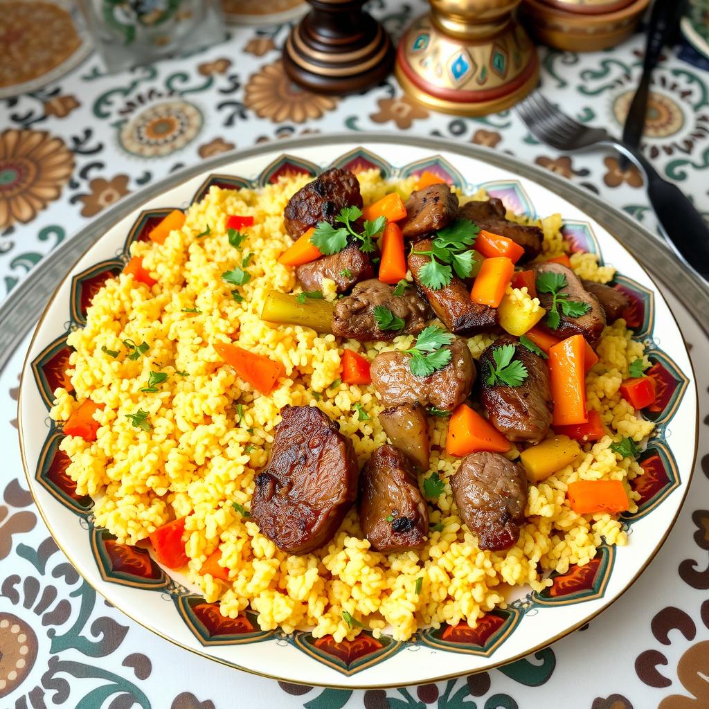 A beautifully arranged traditional Moroccan couscous dish made with tender meat and colorful vegetables