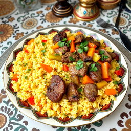 A beautifully arranged traditional Moroccan couscous dish made with tender meat and colorful vegetables