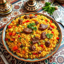 A beautifully arranged traditional Moroccan couscous dish made with tender meat and colorful vegetables
