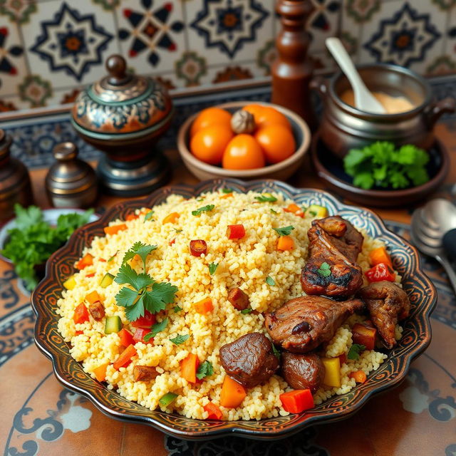 A beautifully arranged traditional Moroccan couscous dish made with tender meat and colorful vegetables