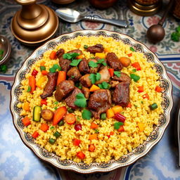 A beautifully arranged traditional Moroccan couscous dish made with tender meat and colorful vegetables