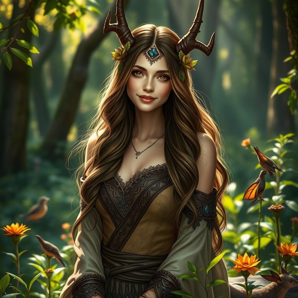 A beautiful haregon female druid, elegantly posed in a lush, enchanted forest