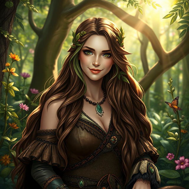 A beautiful haregon female druid, elegantly posed in a lush, enchanted forest