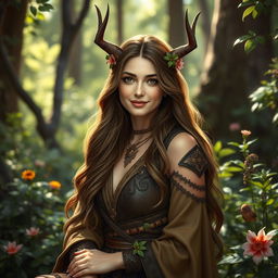 A beautiful haregon female druid, elegantly posed in a lush, enchanted forest