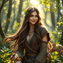 A beautiful haregon female druid, elegantly posed in a lush, enchanted forest