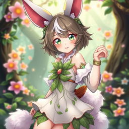 A beautiful female haregon character, showcasing her unique features such as fluffy rabbit ears and a fluffy tail, sporting an elegant outfit inspired by nature, including leafy patterns and soft colors