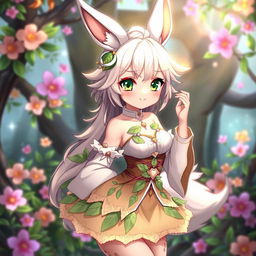 A beautiful female haregon character, showcasing her unique features such as fluffy rabbit ears and a fluffy tail, sporting an elegant outfit inspired by nature, including leafy patterns and soft colors